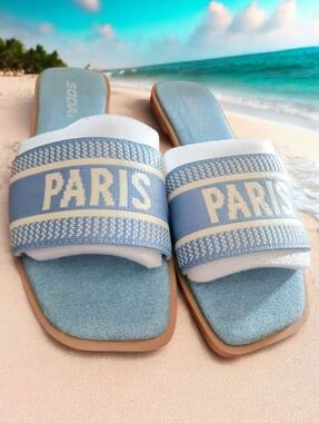 Paris Denim Blue Slide Sandals for Women